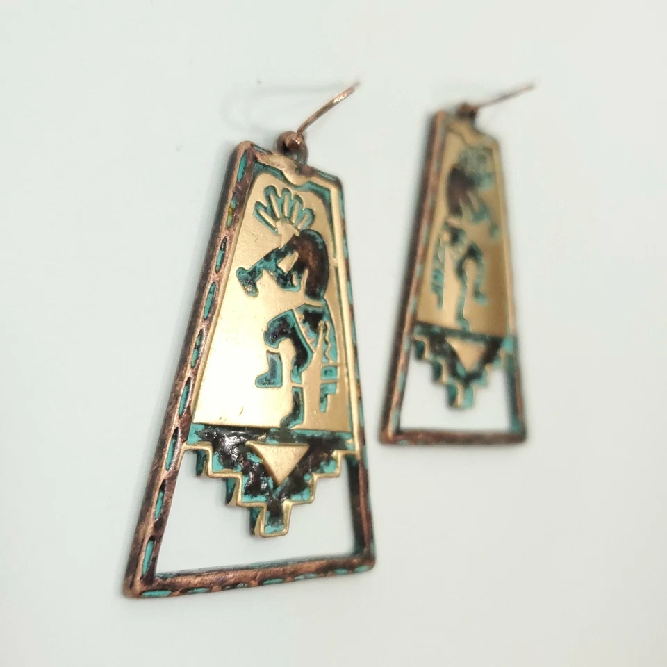 Pendientes colgantes Kokopelli trapezoidales en tono dorado antiguos I04 Foto 3 de 4
