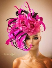 Kentucky Derby Hat Oaks Fascinator Hat Hot Pink Fuchsia and Black Feather Roses