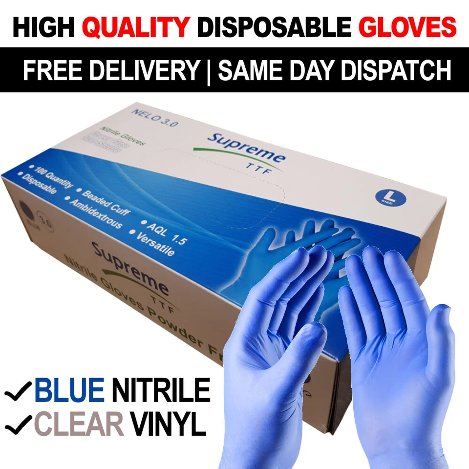 SUPREME TTF Disposable Blue Nitrile Gloves Powder Free Latex Free Clear Vinyl | 100 Boxed