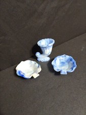 VINTAGE 3 AKRO AGATE Blue Slag Glass Leaf, Shell  Corncopia Shape