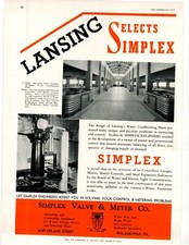 1940 SIMPLEX VALVE & METER FEAT. LANSING'S WATER CONDITIONING PLANT SALES ART AD