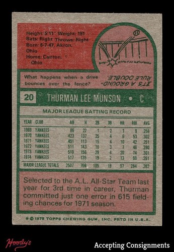 1975 Topps #20 Thurman Munson EX-MT YANKEES HOF - Picture 2 of 2