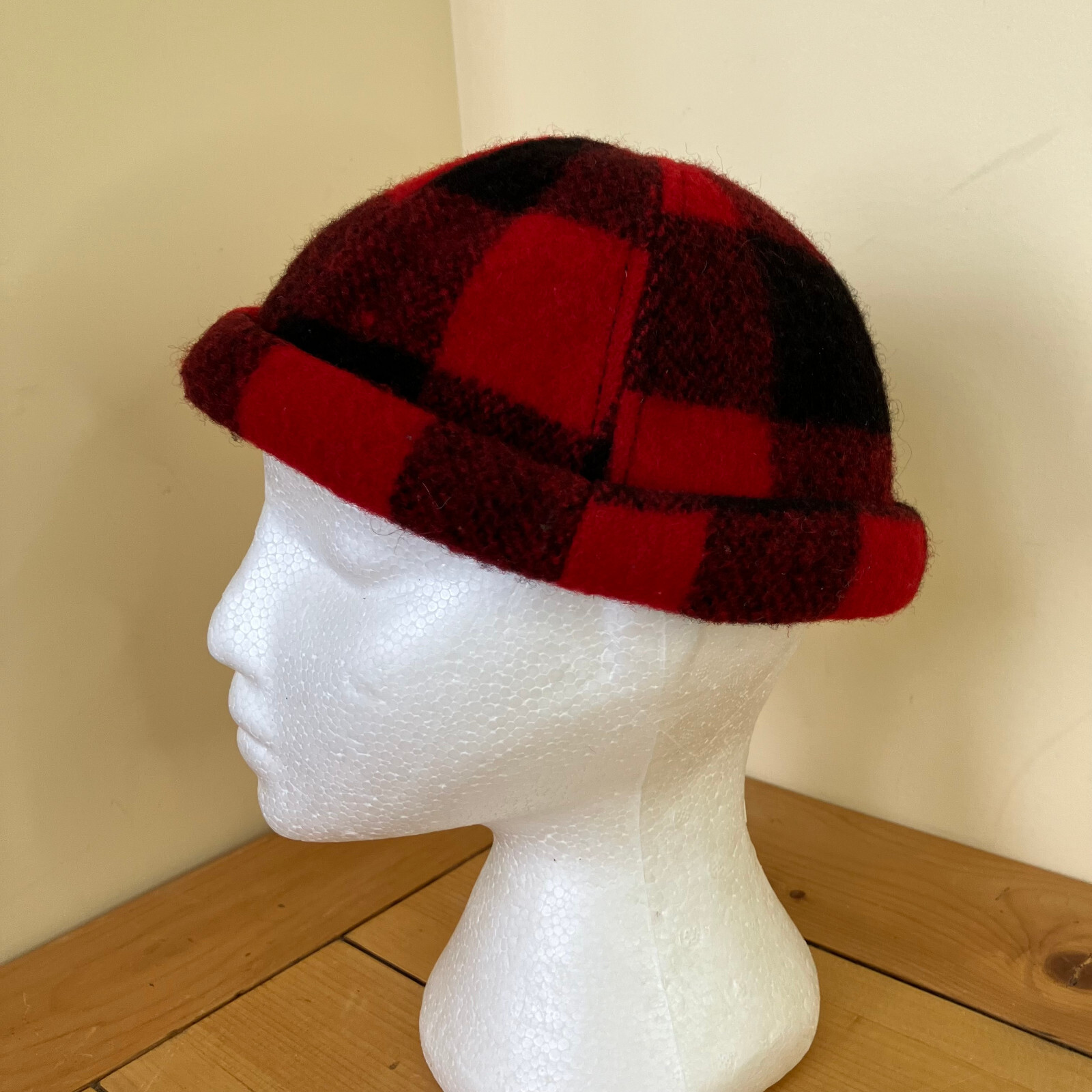 Buffalo Plaid Wool Fleece Beanie Winter Hat Red Black Checkered Style
