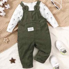 3-24 Months Boy and Girl 2pcs Clothes Set Bear Print Bodysuit with Green Overall
