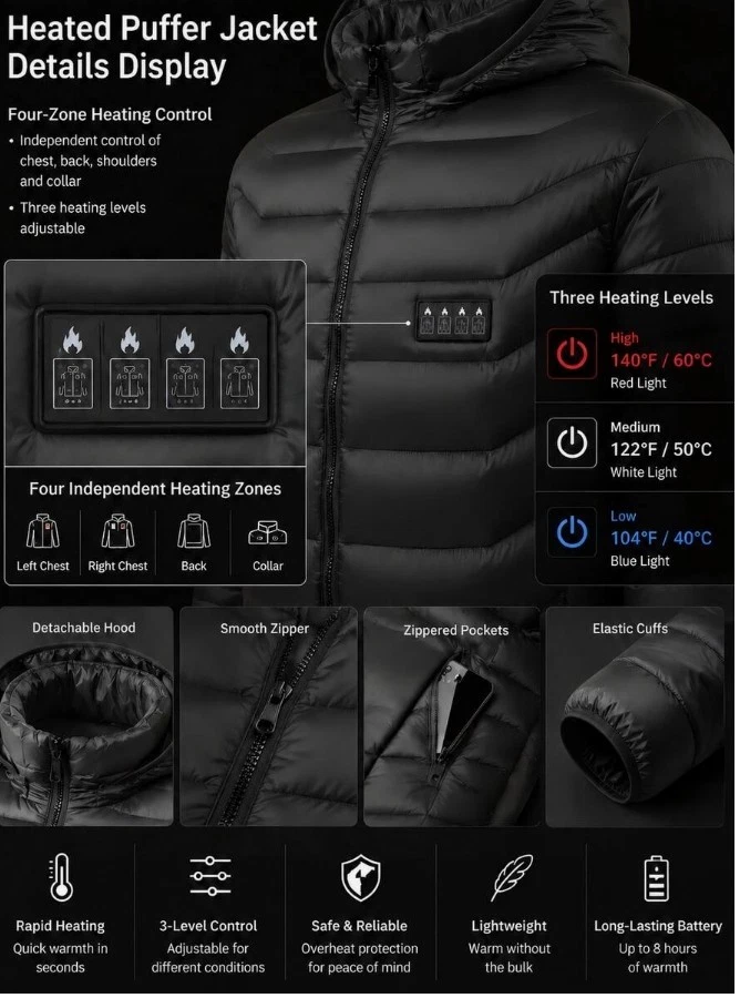 Men's Heated Jacket With 38 Heating Zones 3 Level Temp Power Bank Not Included - product detail image 3