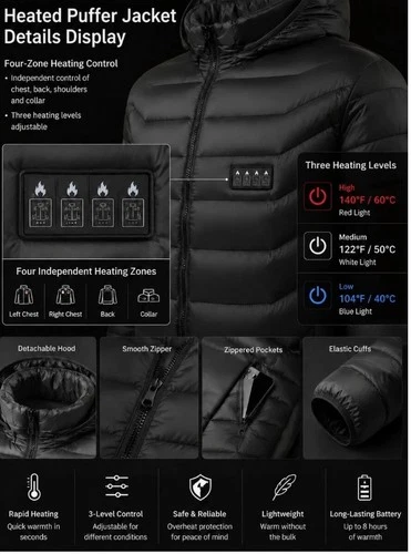 Men's Heated Jacket With 38 Heating Zones 3 Level Temp Power Bank Not Included image 3