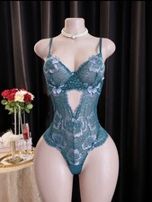 Blue Lace Teddy Lingerie Deep V Bodysuit Sheer Mesh Babydoll One Piece size 12