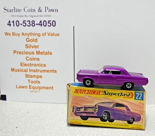 Matchbox Lesney Superfast 22 Pontiac Coupe Purple Wht Interior w/box