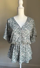 SIENNA SKY Teal Green & White Floral Peplum Top Sz L