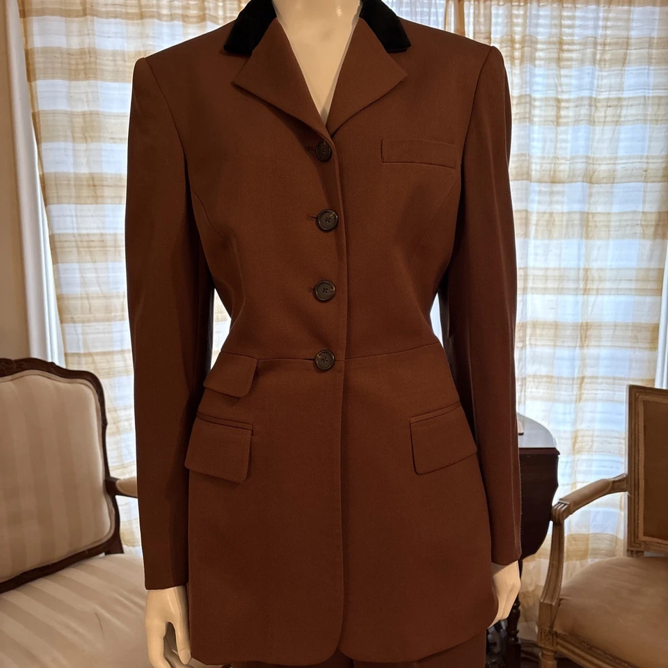 Gorgeous Lauren Ralph Lauren 2PC Brown Pant Suit Pockets Velvet Collar Sz 10 - Image 2 of 4