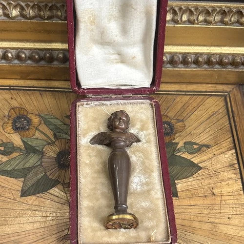 antique 19th century bronze angel decor seal in box