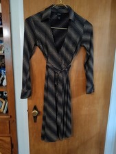Y2K Express Wrap Midi Dress Size 5/6 Black Tan  Polka Dot Collared V Neckline