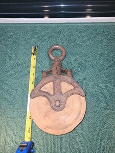 Antique Cast Iron and Wood Wheel Barn Farm Pulley 10 1/2"  Long