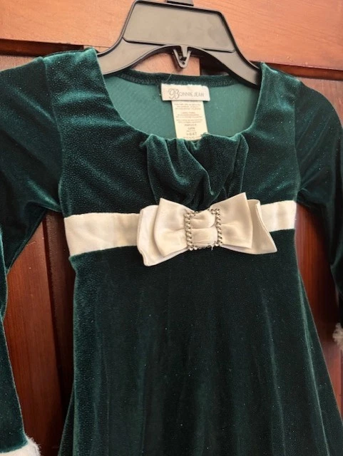 Bonnie Jean Girl's Green Velvet Glitter White Fur Christmas Dress Size 4/4T - Image 3 of 3