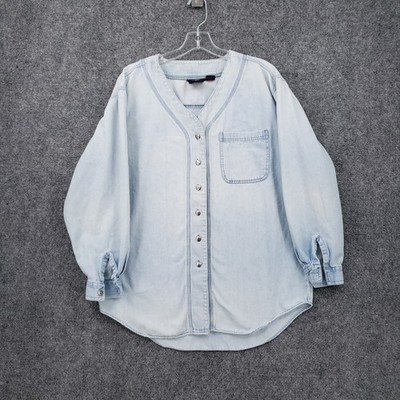 VINTAGE Giorgio Sant Angelo Button Up Shirt Womens M Medium Blue V Neck Denim