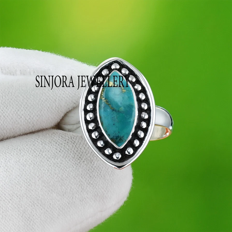 Bague cadeau argent sterling 925 pierre précieuse turquoise cuivre bleu taill... - Photo 1/4