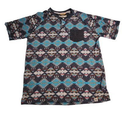 Free Planet T-Shirt Short Sleeve Button Henley Aztec Southwest Pocket Medium 