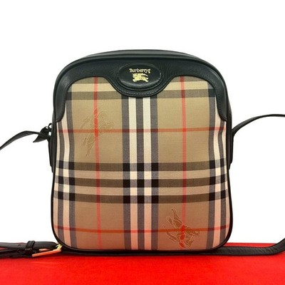 BURBERRY Shadow Horse Logo Nova Check Muster Schultertasche Canvas Leder be...