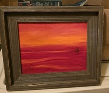ORIGINAL OIL ON CANVAS SAILBOAT AT SUNSET SEASCAPE PAINTING Signed 13x11