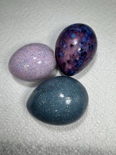 Set Of 3 Speckled Purple Blue Ceramic Springtime Easter Eggs Handpainted