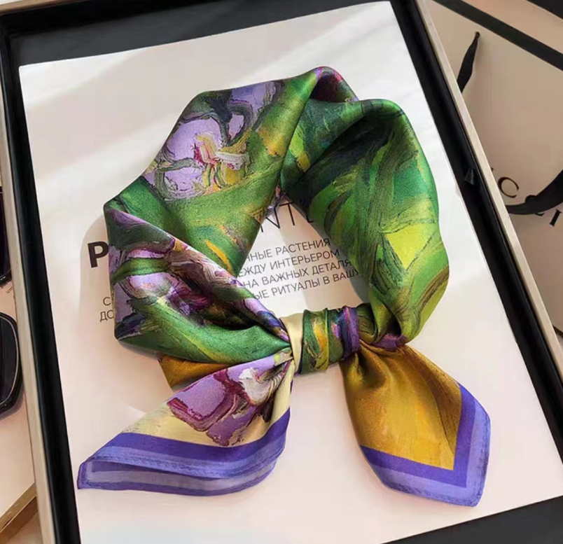 100% Mulberry Silk Bandanna Shawl with Oil Painting Print 21 Inch Scarf Wrap