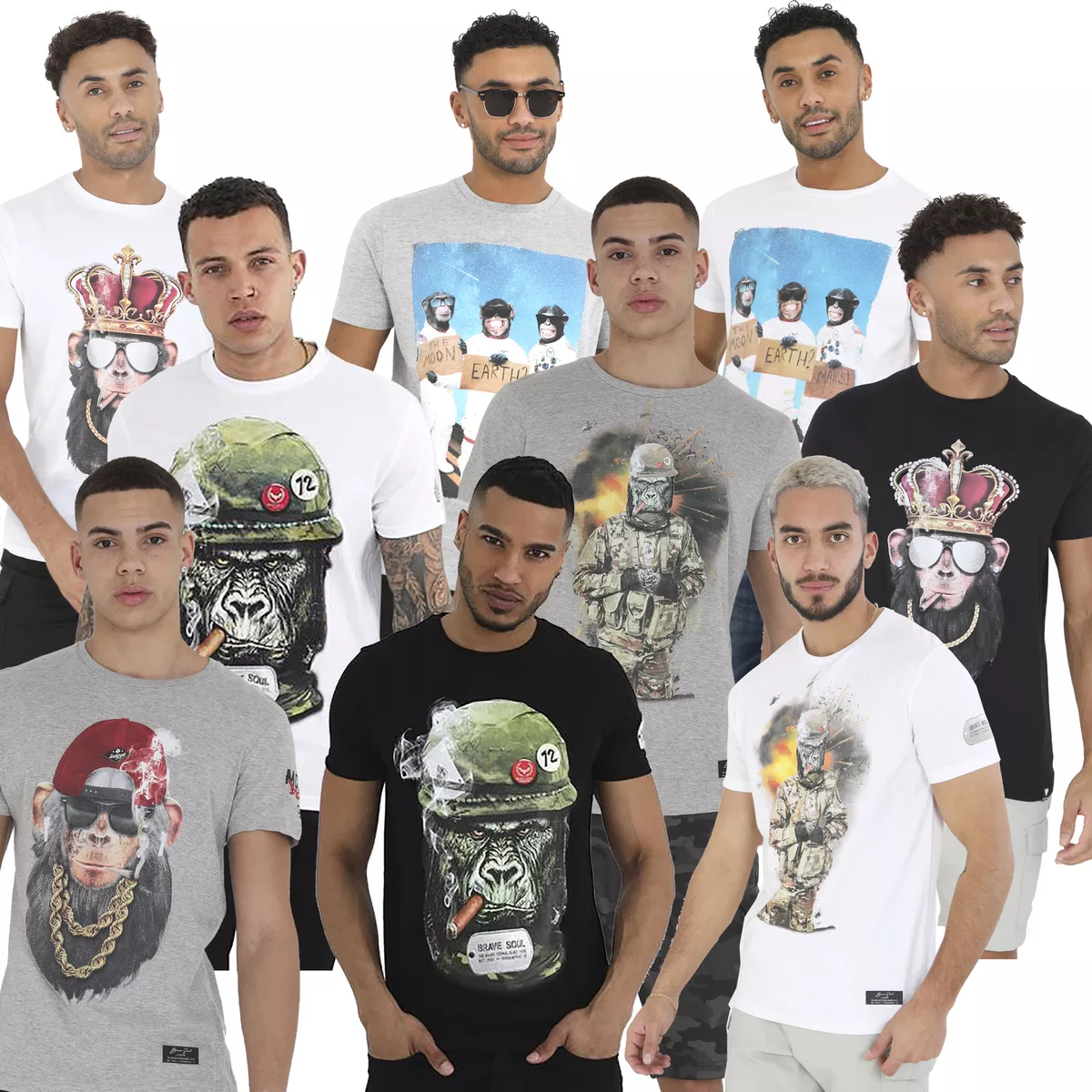Mens Brave Soul Short Sleeve Jersey Cotton Printed T Shirt Monkey Urban Prints