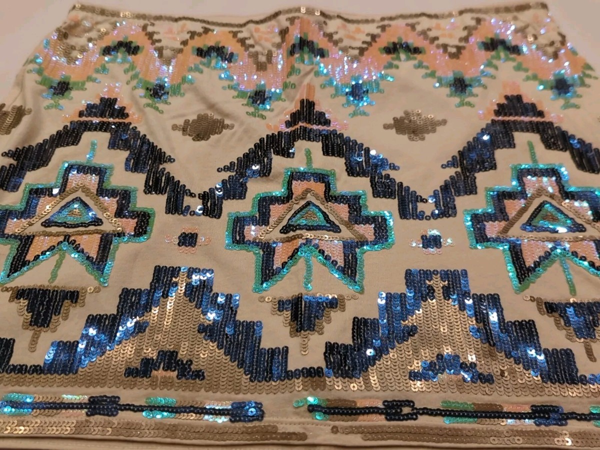 EXPRESS Sequin AZTEC Print Mini Skirt Lined Size Small Waist 28-30