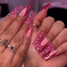 24 Pcs Valentine  s Day Press on Nails Coffin Long Fake Nails Pink Red Style 24