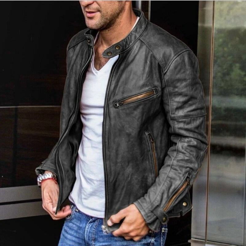 Mens Faux Leather Stand Collar Jacket Motorcycle Biker Coats Zip