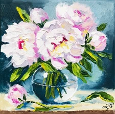 Peony Painting Impasto Painting Wall Art Tiny Home Decor Pink 6 x 6"