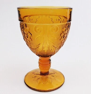 Tiara Chantilly Daisy Sandwich Amber Indiana Glass Footed Goblet Tumbler