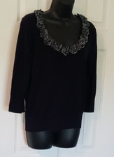 PER UNA sz 16 Navy Pullover Sweater 3/4 Slev Fabric Floral Neckline a20 w18 h18