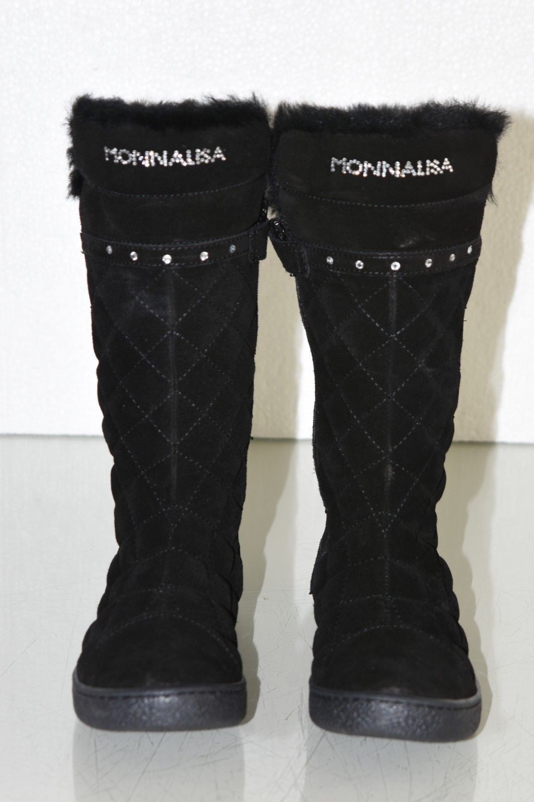 $398 NEW Monnalisa Girls Knee high Boots Suede Black Quilted CRYSTALS  Shoes 30 image 4