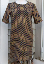 LOFT Blue Yellow Mod Print Textured Knit Cotton Blend Short Sleeve Dress Sz MED