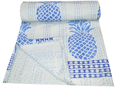  Handmade Kantha Quilt Throw Queen Pineapple Print Indian Bedding Bedspread 