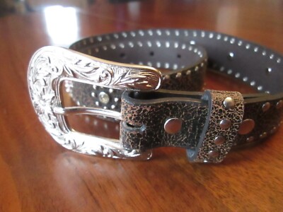 NOCONA BELT Girls Brown Leather Studded Belt Pink Hearts 