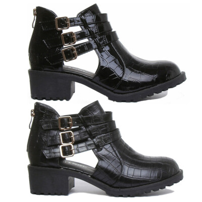 Damenstiefel Blockabsatz seitliche Schnalle Kroko-Muster in Schwarz Größe UK 3   8