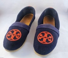 Tory Burch Navy Blue Wool Loafers with Orange Logo   Women's Size 8M