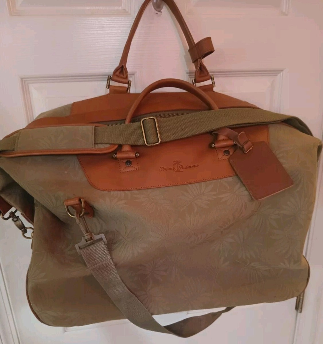 TOMMY BAHAMA Floral Leather Canvas Weekender Tote Overnight Duffle Bag  Green