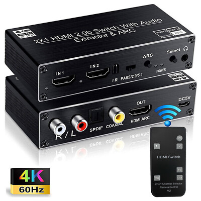 2 In 1 Out HDMI ARC Audio Switcher Selector 4K 2x1 HDMI Switch Audio Extractor