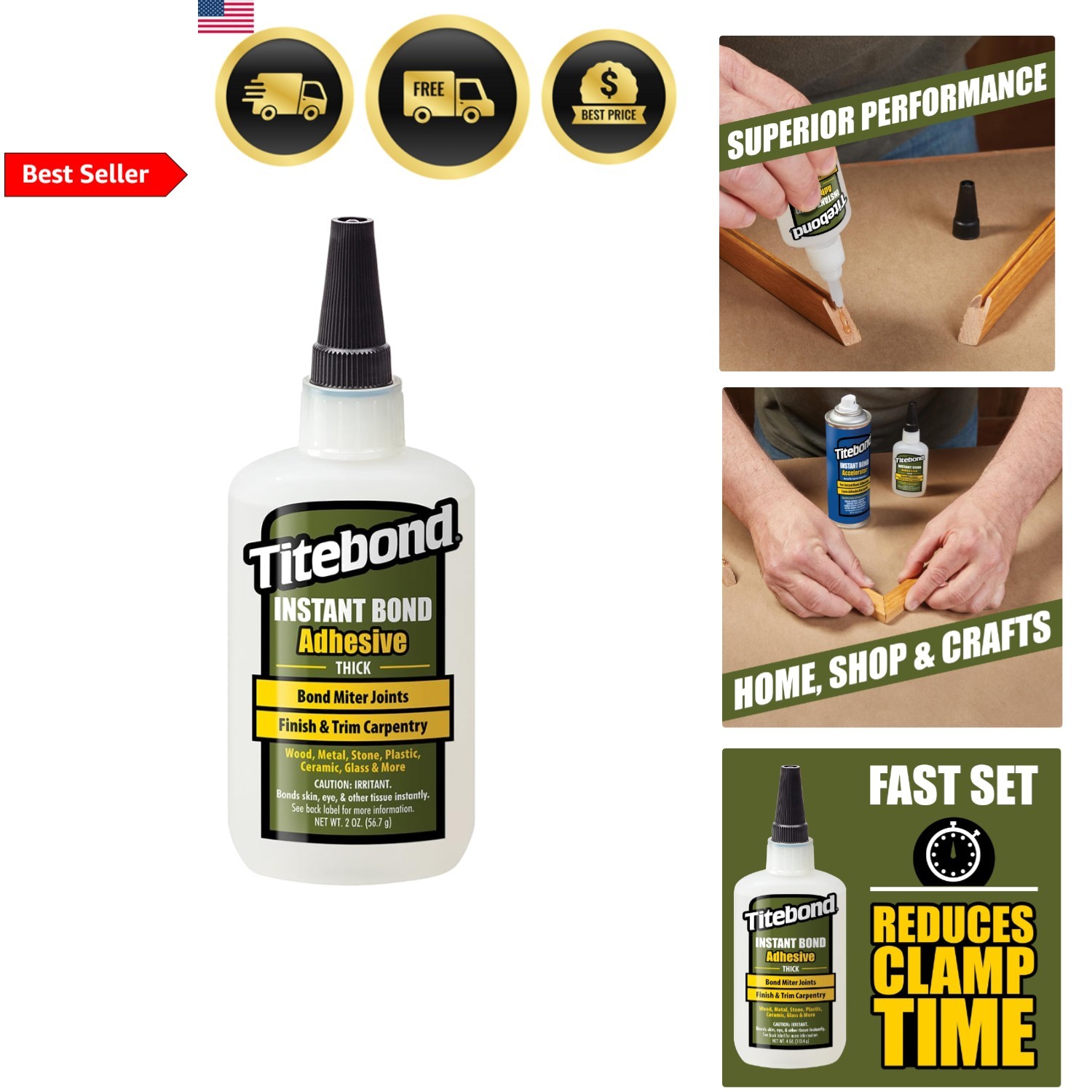 Wood Glue Strong Bond Fast Set Thick 2 oz Instant Bond Adhesive