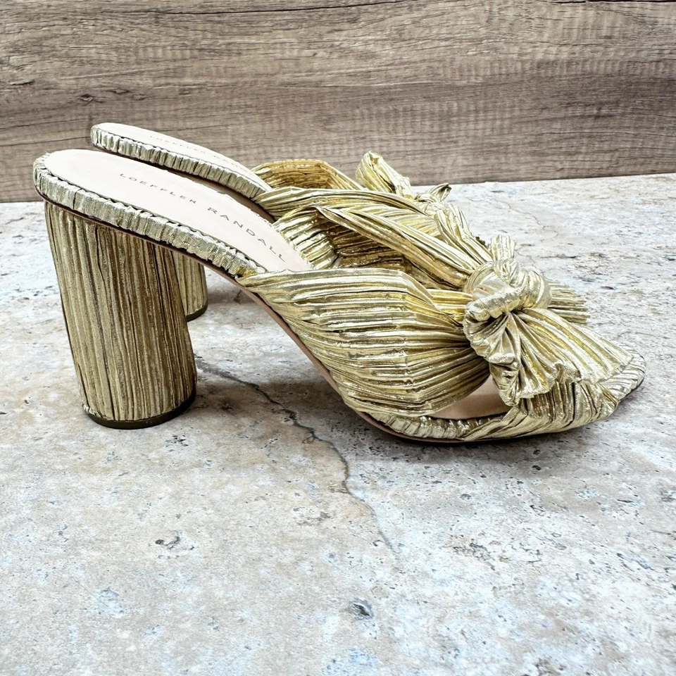 Loeffler Randall Womens Mules Bow Heels Emilia Gold Pleated Block Heel Size 9B - Image 4 of 4