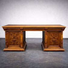 Antiker Doppelschreibtisch aus Eichenholz reiche Schnitzereien um 1890
