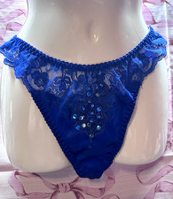 VTG Second Skin Sz M Victoria s Secret Satin Pantie String Bikini Blue Wet