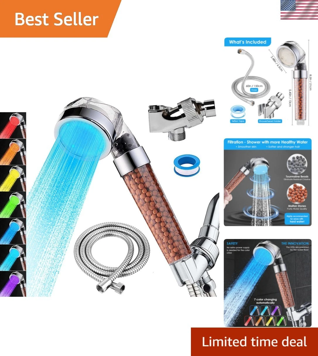 LED Handheld Shower Head Set with Filtration, Automatic 7-color Changing Show...