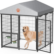 Outdoor Dog Kennel Heavy Duty Metal Dog Enclosure with Roof, Rotating Food  Wat