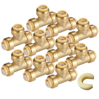 1/2'' Pushfit Tee,10 Pack PEX Brass Push-fit Tee with 1 Pack Disconnect Clip, ...