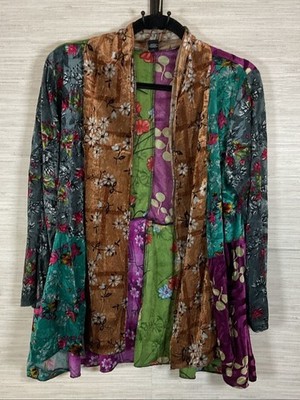 Sacred Threads Vibrant Velvet Patchwork Floral Flowy Open Cardigan OS India