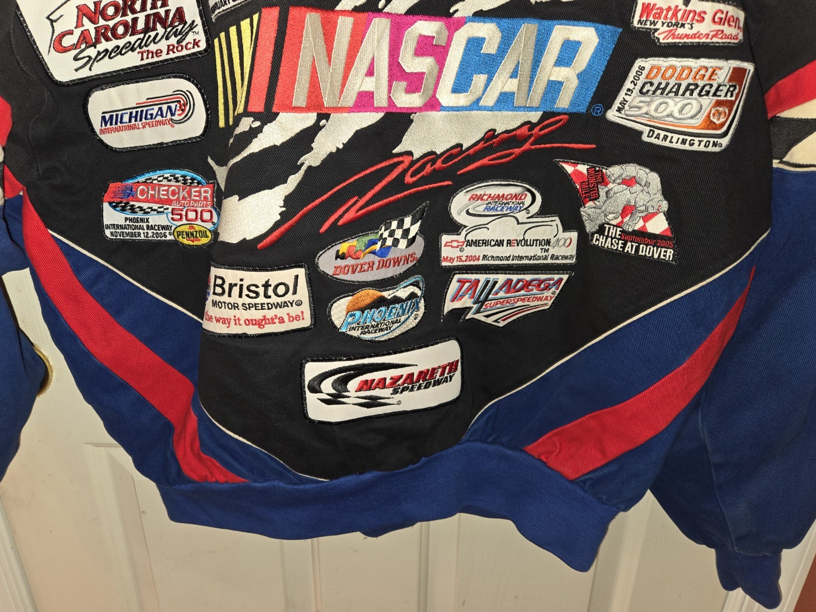 VTG JH DESIGN NASCAR RACING  JACKET CUSTOMIZED MANY PATCHES SIZE XL BLUE BLACK