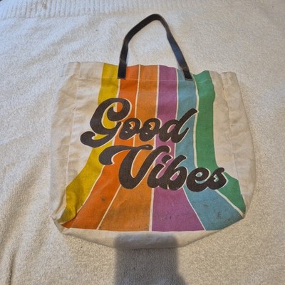 Canvas Tote Bag ''Good Vibes'' Stripes Colorful Shopper Bag Large Pom Pom Charm